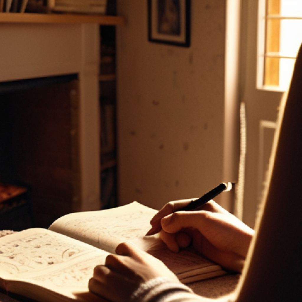 **Prompt:** A person writing in a journal in a cozy, warmly lit room. Soft light illuminates their face as they reflect on their relationships. The journal is open to a page with scribbled notes and sketches of faces. The atmosphere should evoke self-reflection and introspection.