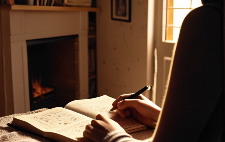 **Prompt:** A person writing in a journal in a cozy, warmly lit room. Soft light illuminates their face as they reflect on their relationships. The journal is open to a page with scribbled notes and sketches of faces. The atmosphere should evoke self-reflection and introspection.
