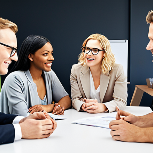 Home 21 **
*Prompt:* A diverse team of professionals gathered around a table, brainstorming ideas. Emphasize collaboration, active listening, and a positive atmosphere. Bright, modern office setting. Soft, natural lighting.
**