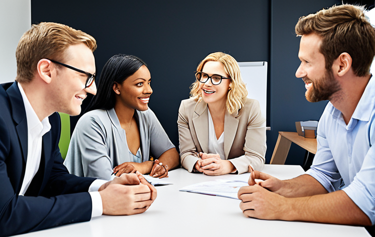 **
*Prompt:* A diverse team of professionals gathered around a table, brainstorming ideas. Emphasize collaboration, active listening, and a positive atmosphere. Bright, modern office setting. Soft, natural lighting.
**