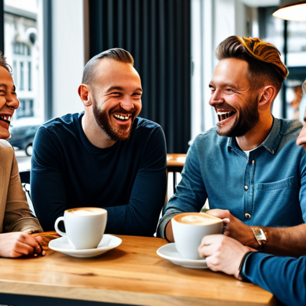 **
"A group of diverse friends, fully clothed in stylish, everyday outfits, laughing and engaged in active listening during a coffee break at a modern café in Berlin, appropriate attire, safe for work, perfect anatomy, natural proportions, candid photography, professional, high quality, family-friendly."
**