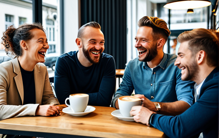 **

"A group of diverse friends, fully clothed in stylish, everyday outfits, laughing and engaged in active listening during a coffee break at a modern caf&eacute; in Berlin, appropriate attire, safe for work, perfect anatomy, natural proportions, candid photography, professional, high quality, family-friendly."

**