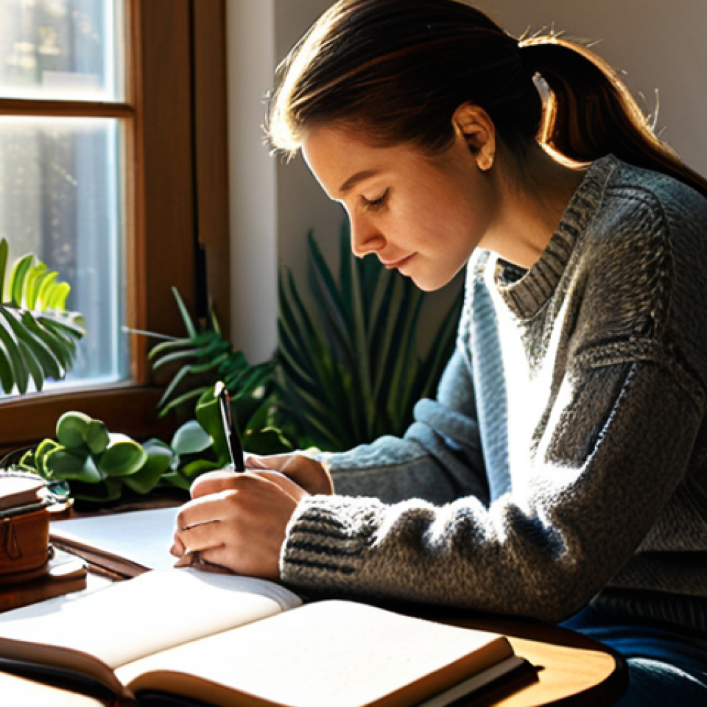 Reflective Journaling**
"A woman sitting at a wooden desk in a cozy home office, writing in a leather-bound journal, sunlight streaming through the window, surrounded by calming plants, fully clothed in a comfortable sweater and jeans, appropriate attire, safe for work, perfect anatomy, natural proportions, professional photography, high quality, emphasizing introspection and self-awareness, family-friendly."
**