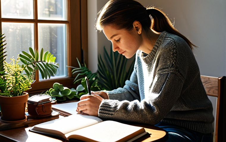 Reflective Journaling**

"A woman sitting at a wooden desk in a cozy home office, writing in a leather-bound journal, sunlight streaming through the window, surrounded by calming plants, fully clothed in a comfortable sweater and jeans, appropriate attire, safe for work, perfect anatomy, natural proportions, professional photography, high quality, emphasizing introspection and self-awareness, family-friendly."

**