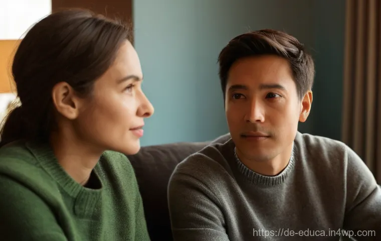 관계기술 교육에서의 효과적인 질문 기법 - **Prompt: Active Listening & Deep Connection**
    "A candid close-up portrait of two adults, one pe...