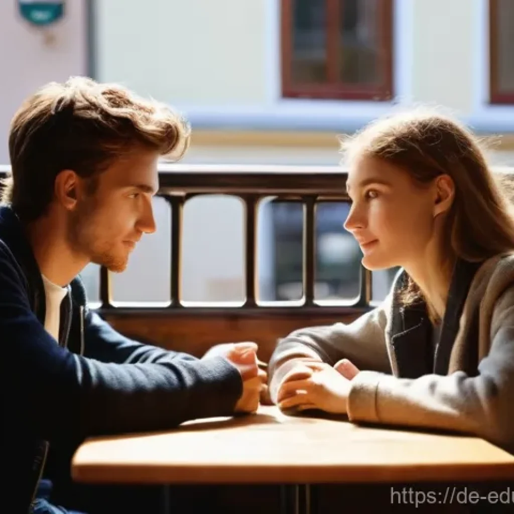 관계기술 교육의 효과적인 방향 설정 - **Prompt 1: Empathetic Connection**
"Two young adults, a man and a woman, are seated across from...