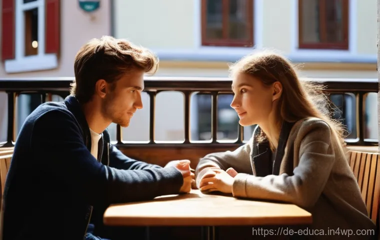 관계기술 교육의 효과적인 방향 설정 - **Prompt 1: Empathetic Connection**
"Two young adults, a man and a woman, are seated across from...