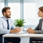 관계기술 교육의 다양한 접근 방법 - A warm and inviting office scene showing two professional adults engaged in active listening during ...