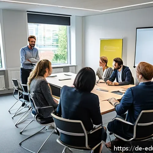 관계기술 교육을 위한 시장 조사 - A modern corporate training room in Germany with a diverse group of professionals engaged in an inte...