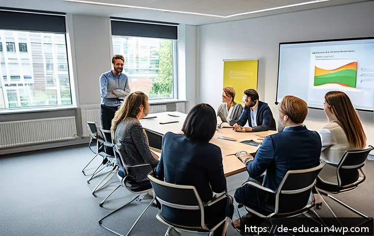 관계기술 교육을 위한 시장 조사 - A modern corporate training room in Germany with a diverse group of professionals engaged in an inte...